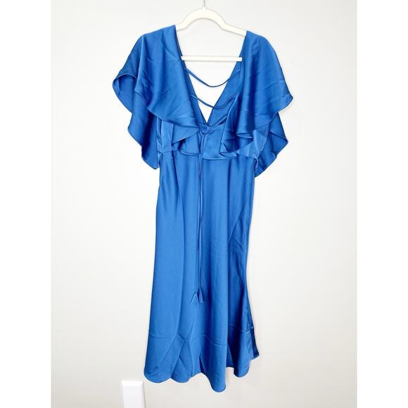 Sachin + Babi For Anthropologie Midi Dress Deep V-Neck Ruffle Blue Size 10P - Picture 5 of 12